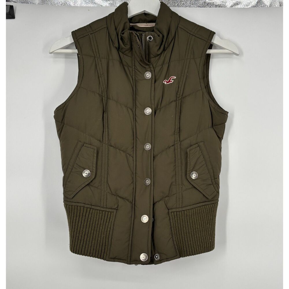 Hollister Womens Olive Green Quilted‎ Puffer Vest Size Small Zip Snap Front